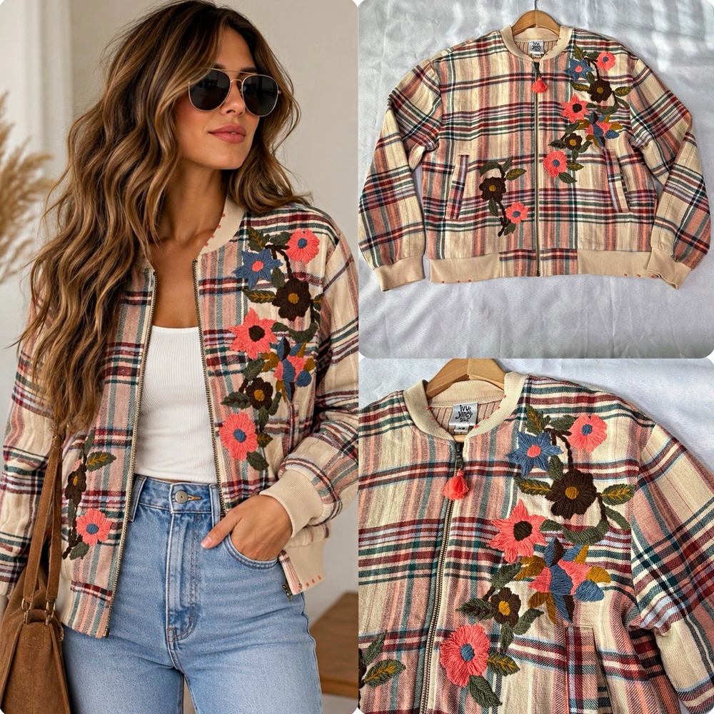 Ivy Jane Women's XS Plaid Embroidered Jacket Boho Western Cottagecore Folk Art
